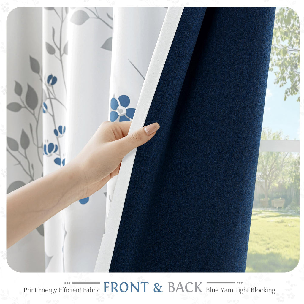 Floral 100% Blackout Sliding Door Curtains Blue Grey 100x84 1 Set