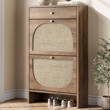 Shoe Storage Cabinet, Slim Shoe Rack with 2 Flip Drawers and Top Storage Drawer, Narrow Shoe Organizer with Arched