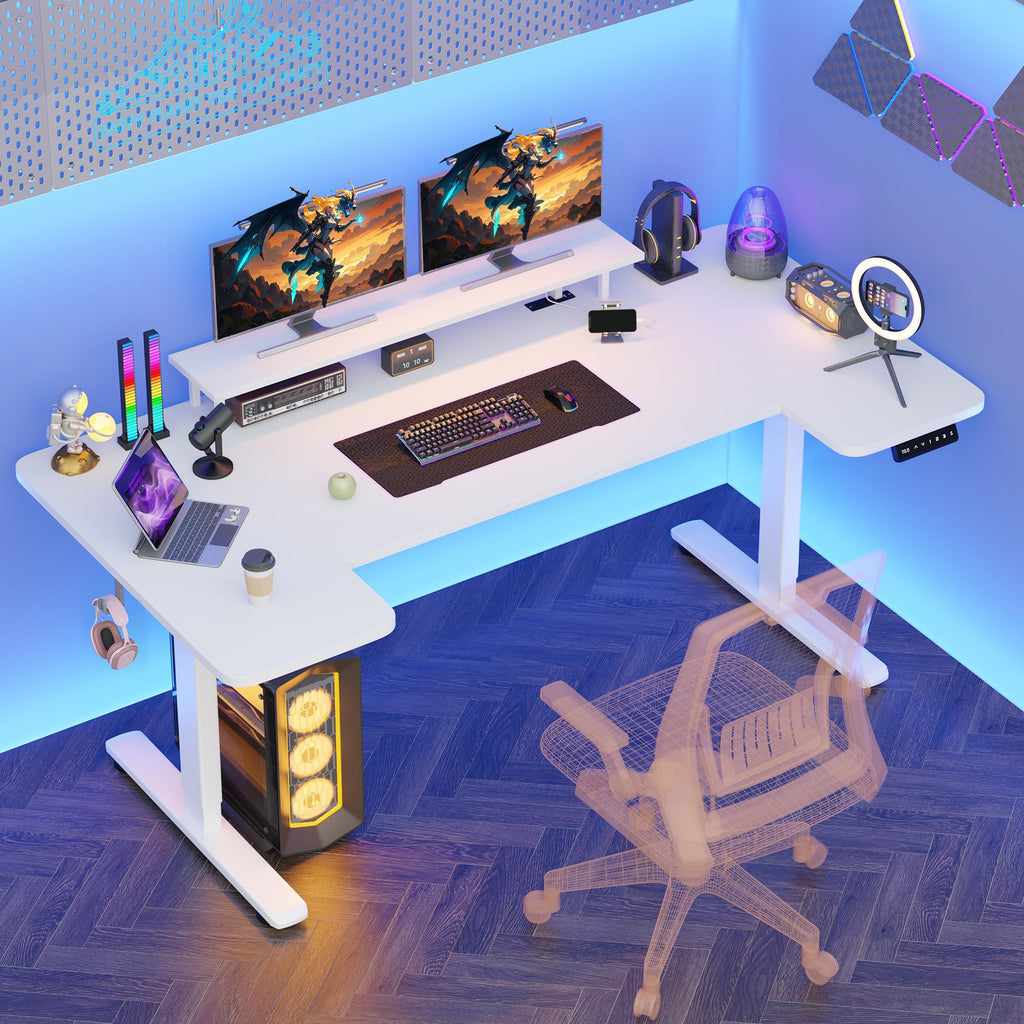71 x 36 Inch U Shaped Electric Standing Desk, Height Adjustable Desk with Power Outlet, 3 Memory Height