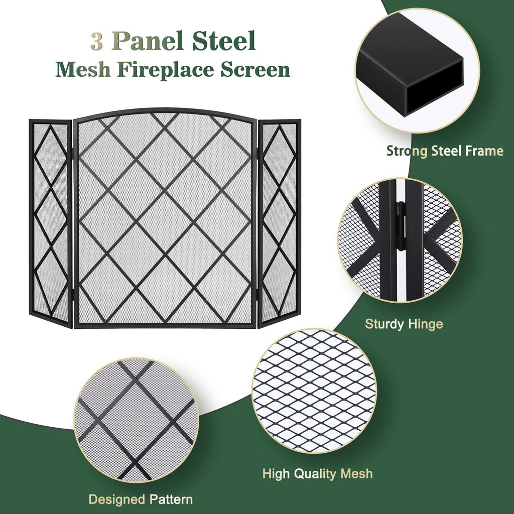 3-Panel Fireplace Screen 48" W x 30" H Wrought Iron Spark Guard