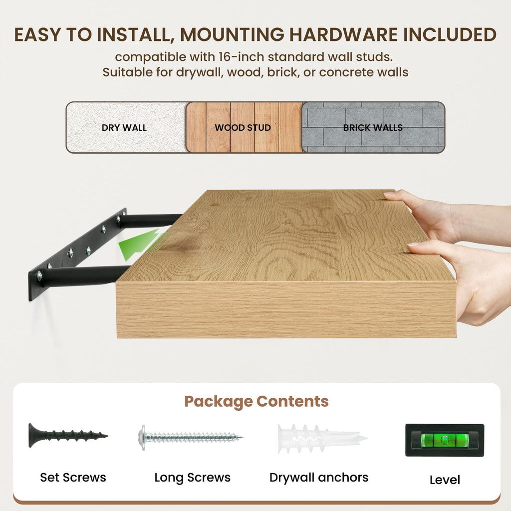 20 Inch Floating Shelves, 12'' Deep Oak Shelves for Wall Set of 2