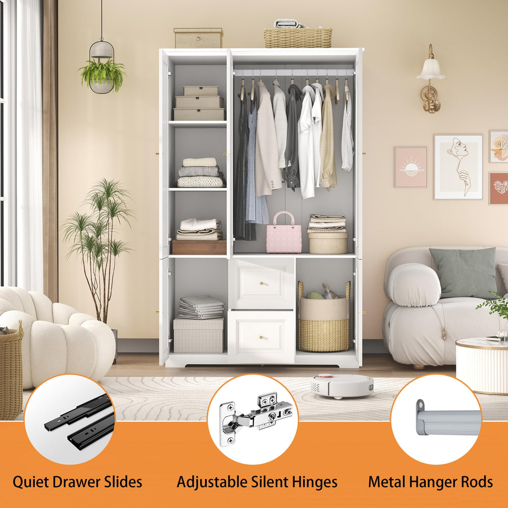 White Armoire Wardrobe Closet with 2 Drawers and 3 Doors, 74" H