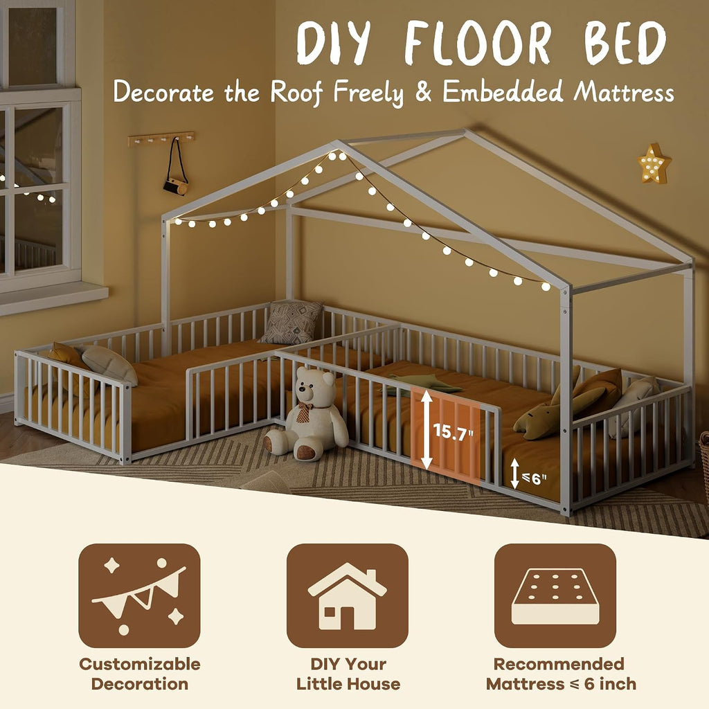 Double L-Shaped Montessori Bed Metal Floor Bed Frame, White