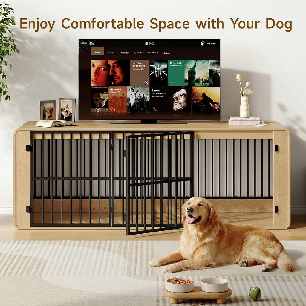 74" Double Dog Crate Furniture TV Stand for Large Dogs, Natural Oak