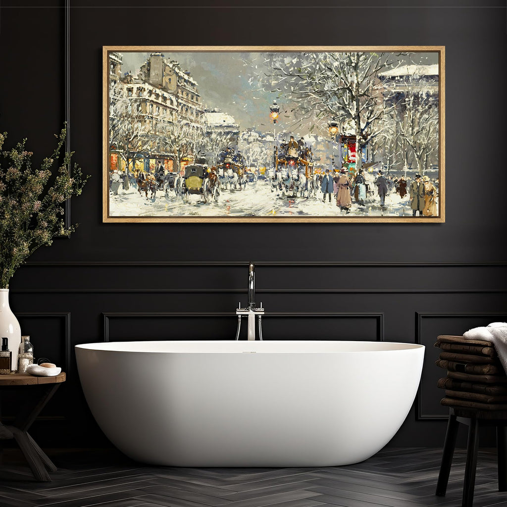 Extra Large Framed Canvas Print Wall Winter Cityscape Street Scene in Snow Antique Retro Fine Illustrations