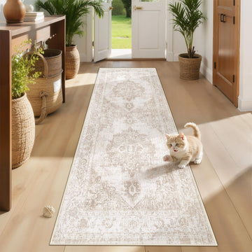 Area Rug Runner Rugs: Washable Vintage Hallway Rug Indoor Medallion Rugs Low Pile Distressed Floor Carpet Retro