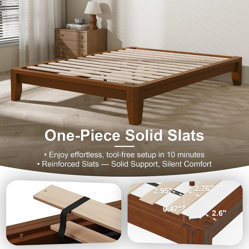 Queen Solid Bamboo Bed Frame, Japanese Joinery Platform Bed Frame(Walnut)