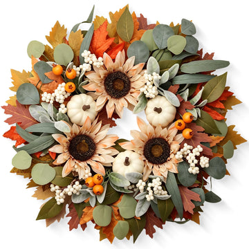 22" Fall Wreaths for Front Door with Pumpkin Sunflower Maple Leaf