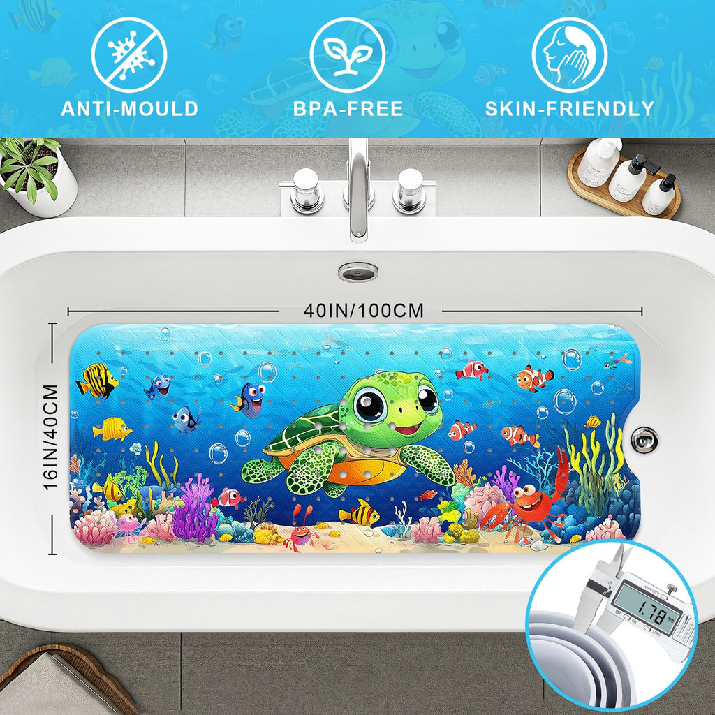 Bath Mat for Tub Non Slip Kids Bathtub Mat 40x16 Baby Bath Mat,Green Turtle