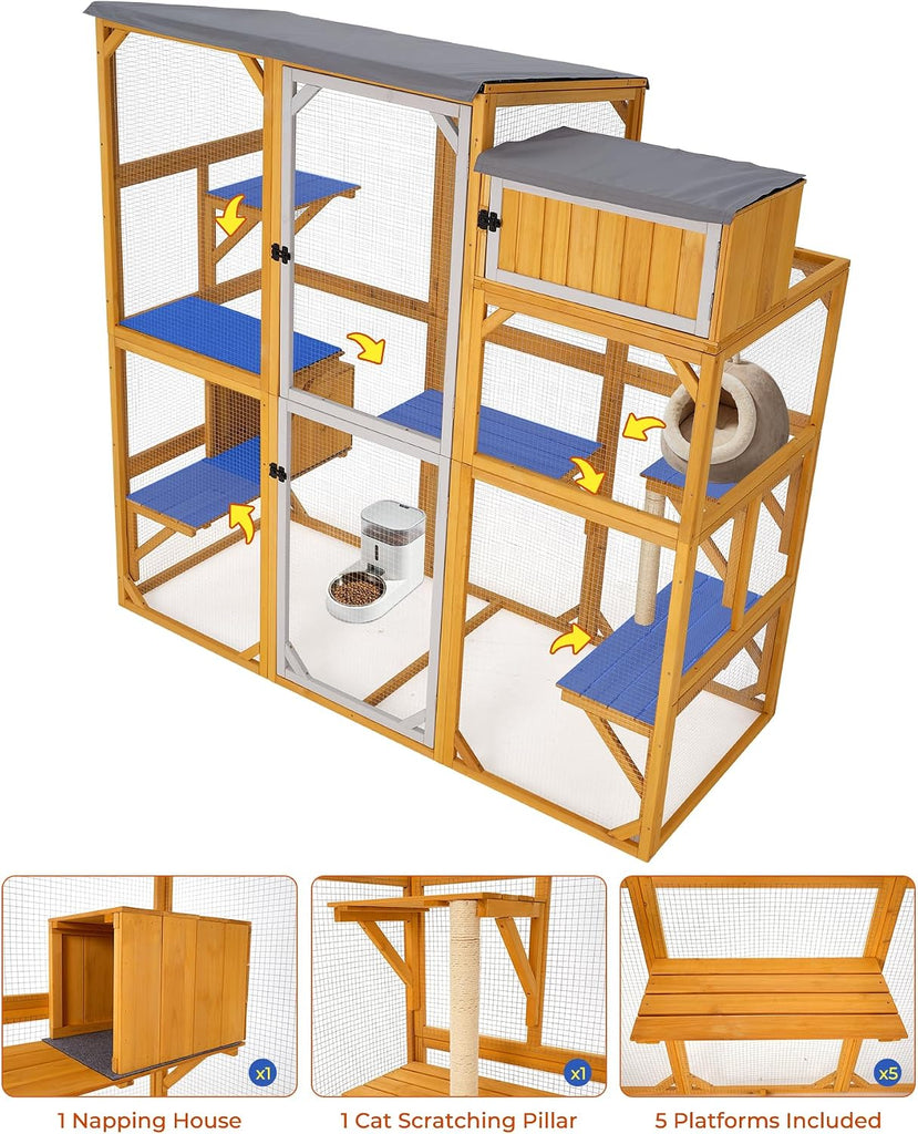 Wooden Catio Outdoor Cat Enclosure Large Walk-in Cat House with 5 Multi-Level Platforms, Scratching Post, Resting Den