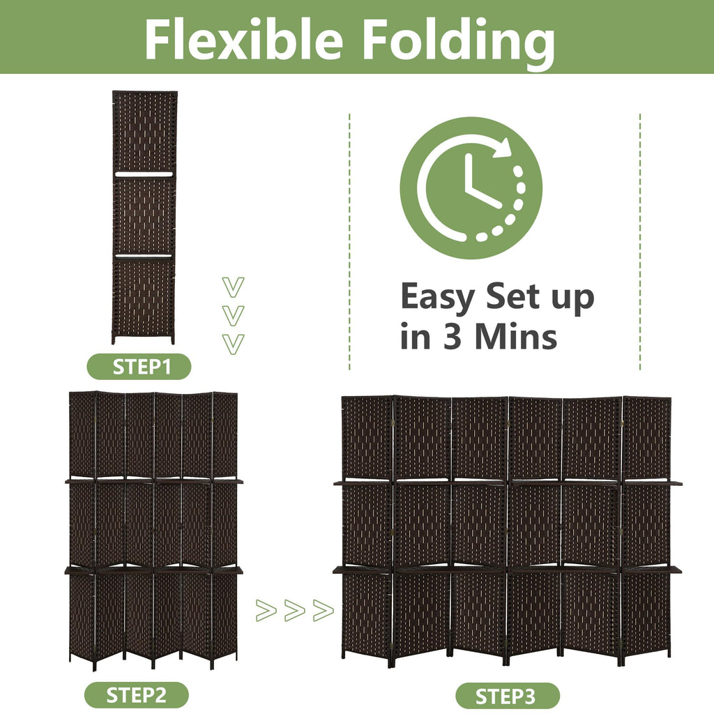6 Panel Folding Room Divider with Shelves | 5.9ft, Dark Brown