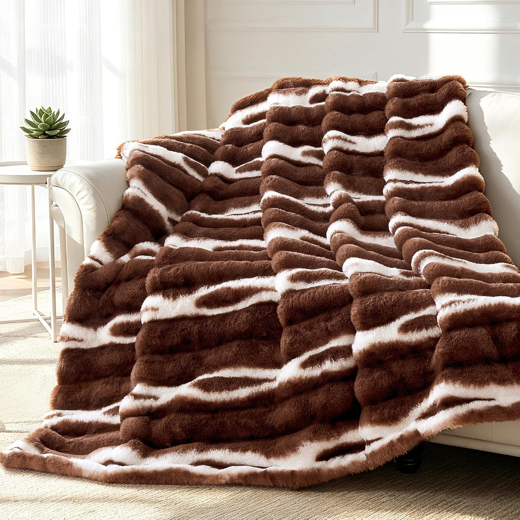 Faux Rabbit Fur Throw Blanket, Plush Fuzzy Blanket, 60" × 80", Brown | 850GSM Thick Warm Fluffy Blanket for Couch
