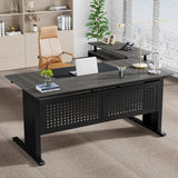 63 Inch Executive Desk with File Cabinet, L Shaped Office Desk with Drawers and Storage Shelves