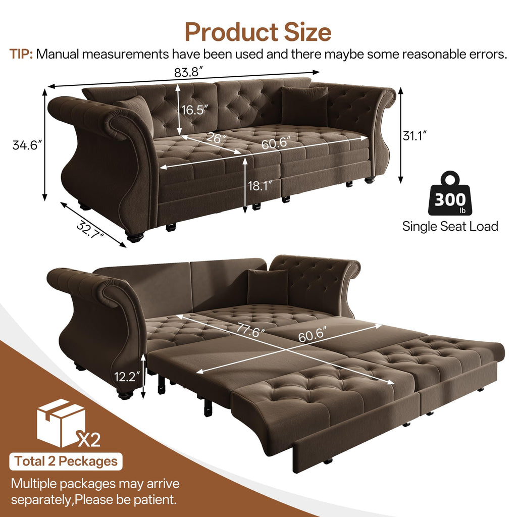 Sleeper Sofa Bed 83.6", Velvet Pull Out Couch, Chesterfield Sofa, Brown