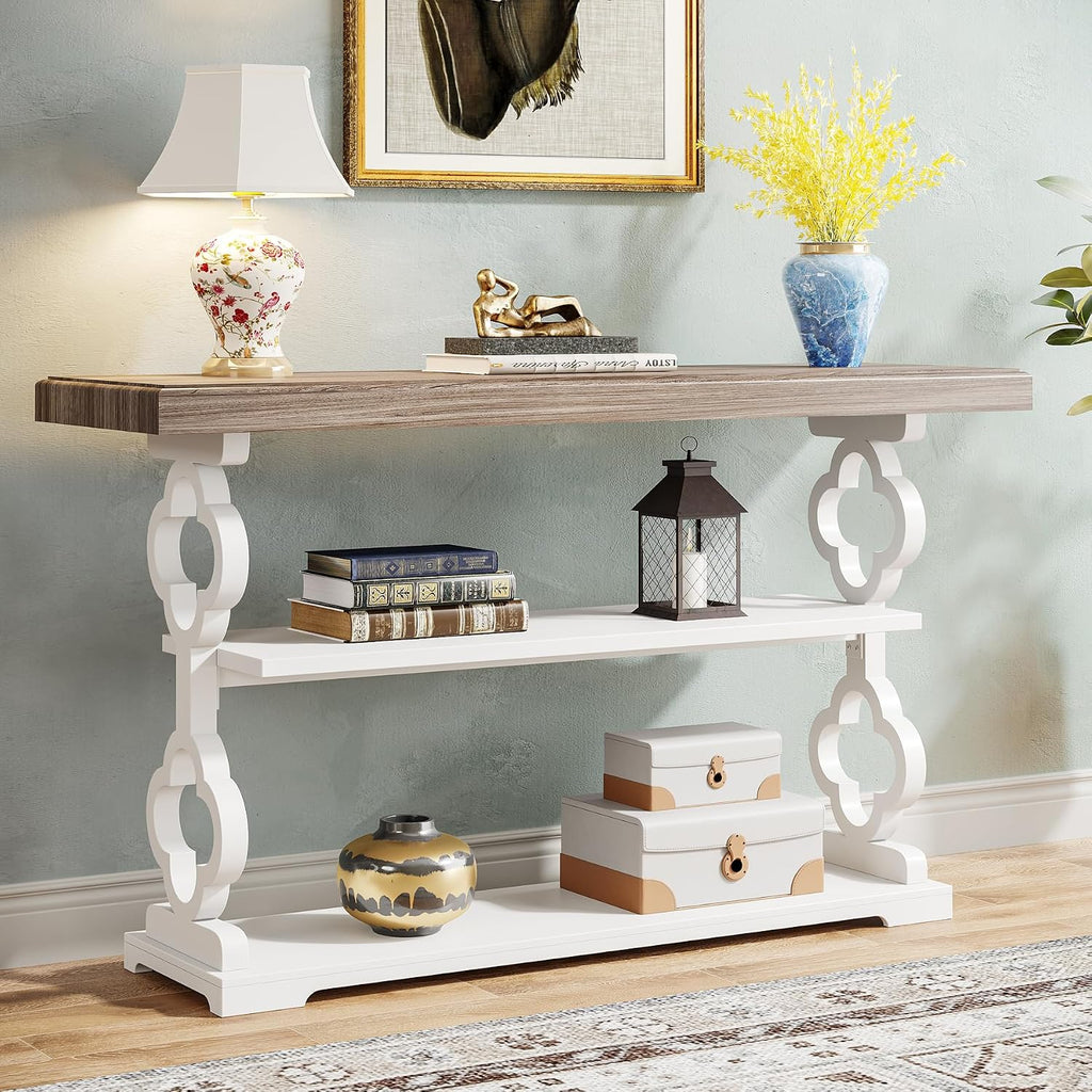 Farmhouse Console Table, 55 inch Long Sofa Table with Storage Shelves, 3 Tier Wood Accent Entry Table , Entrance