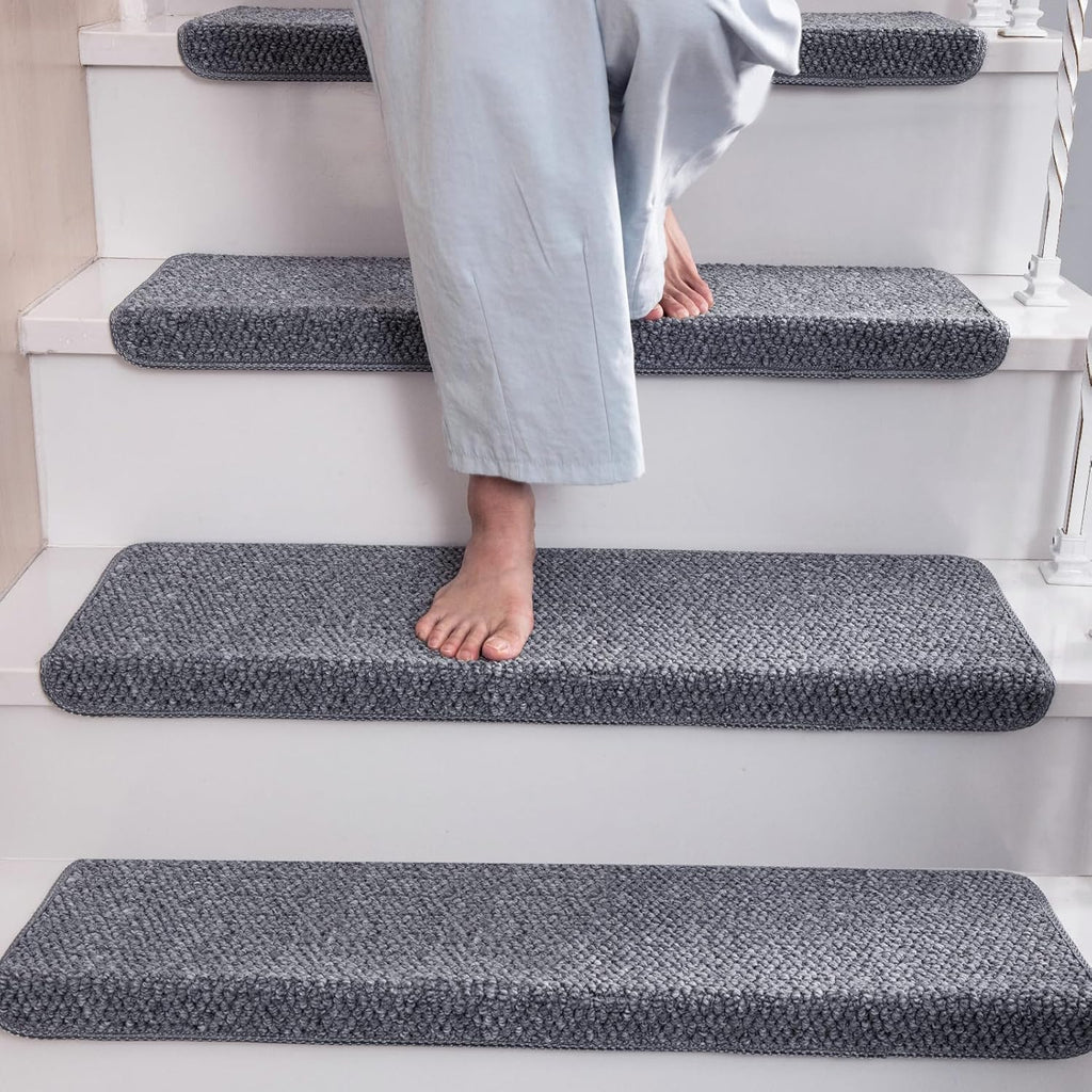 Bullnose Carpet Stair Treads Faux Sisal for Wooden Steps Indoor | Set of 14 Anti Slip Indoor Staircase Protector Rugs