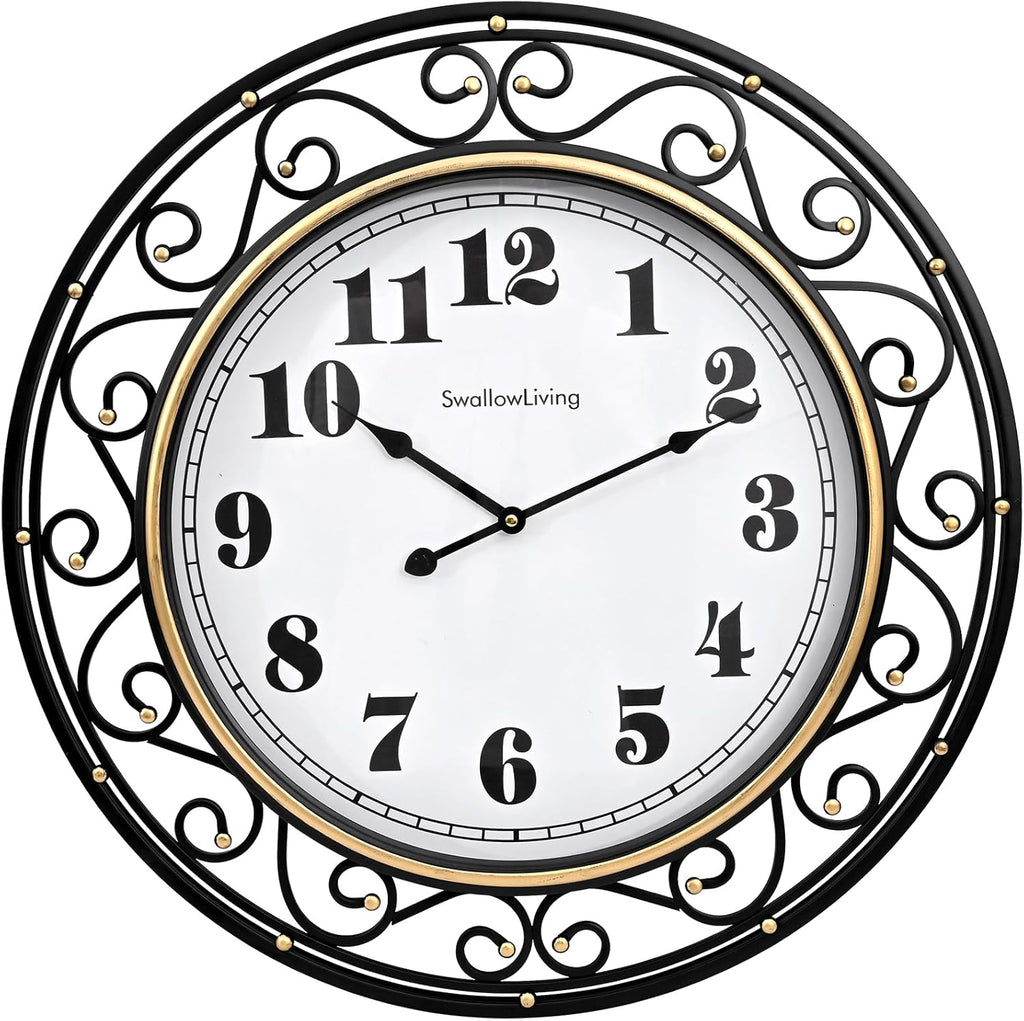 24 Inch Vintage Iron Metal Frame Wall Clock Silent, Battery Operated, Elegant Retro Decor