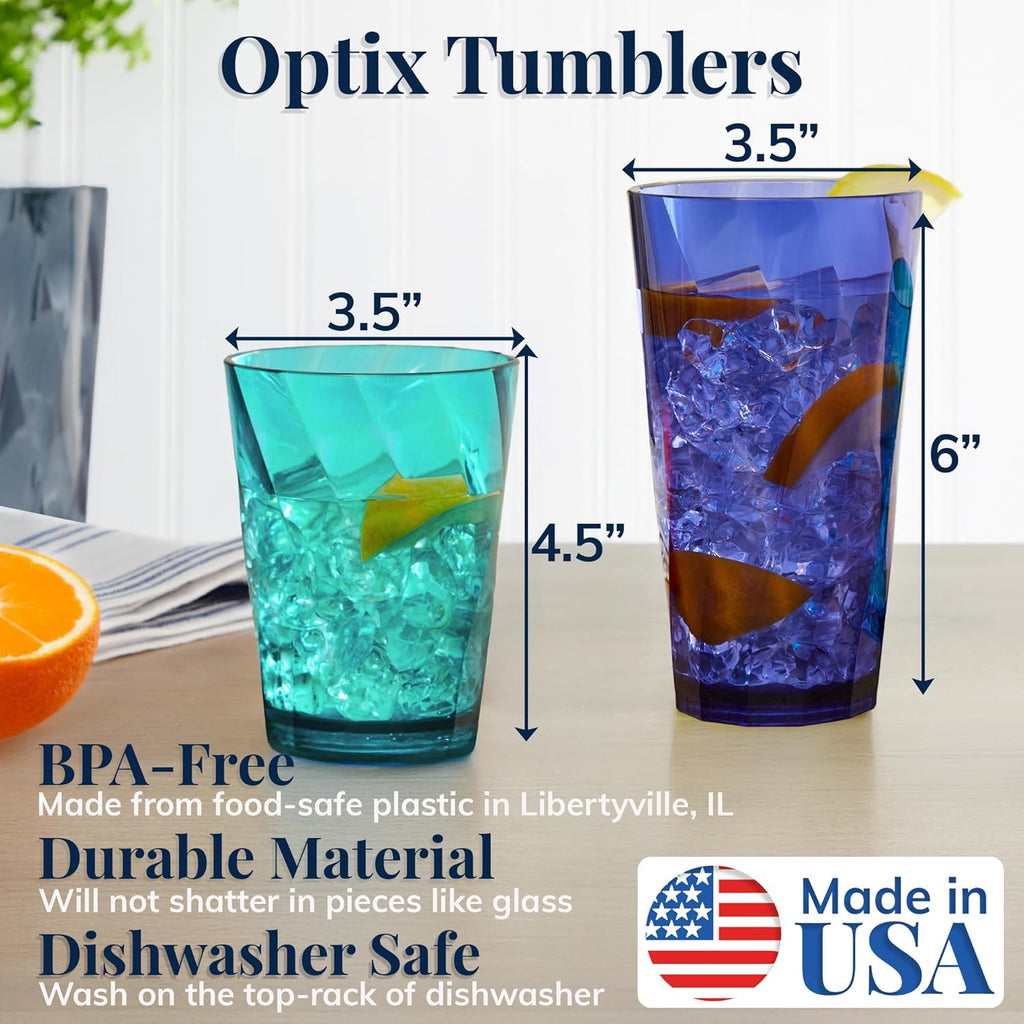 Optix Plastic Reusable Drinking Glasses (Set of 16) 14oz Rocks & 20oz Water Cups in Coastal Colors | BPA-Free