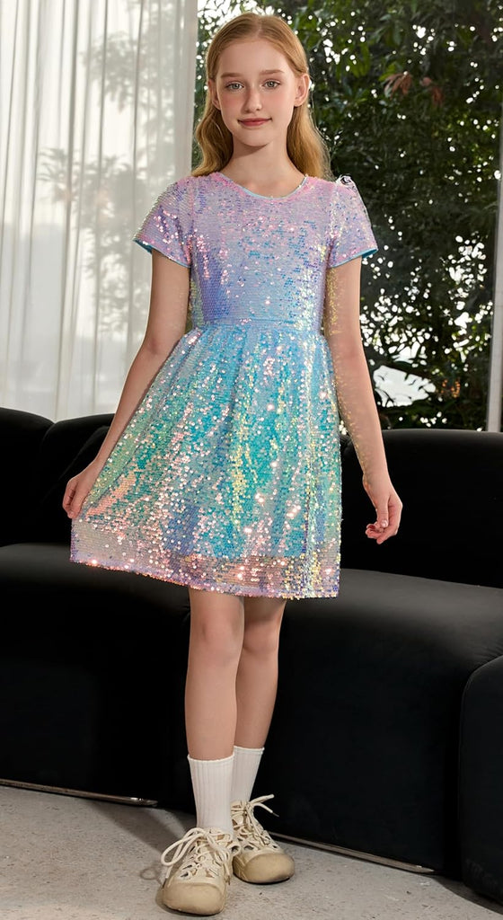 Sequin Dress Short Sleeve Formal School Dresses