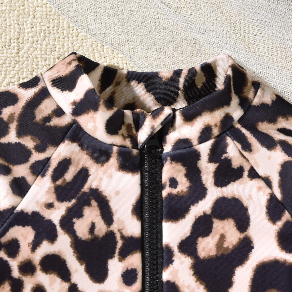 Infant Baby Girls One Piece Long Sleeve Swimsuit Cheetah Leopard Bathing Suit Zip Up Swimwear Beach Wear