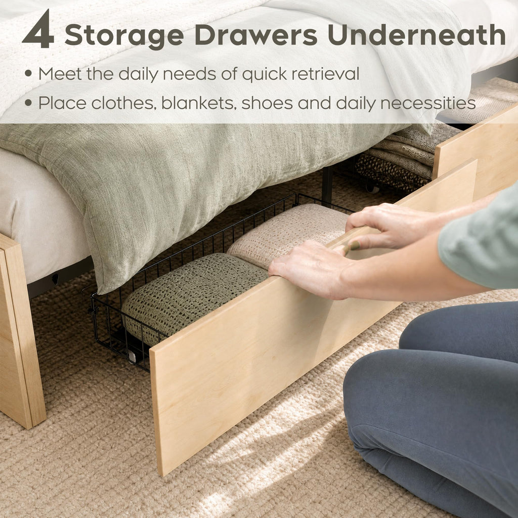 King Bed Frame with Natural Rattan Headboard and Wooden 4 Storage Drawers, Light Oak Metal Platform Bedframe with