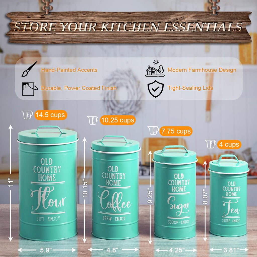 Teal Canisters Counter, Airtight Kitchen Canisters for Countertop, Flour and Sugar Containers, Tea Coffee Sugar