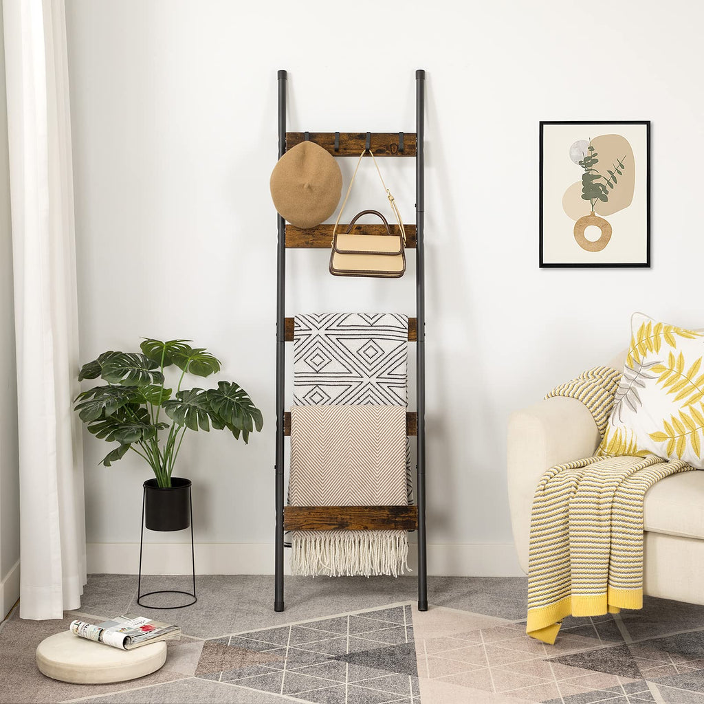 Blanket Ladder, 5-Tier Towel Rack with Hooks, Wall-Leaning Blanket Rack, Decorative Display Ladder Shelf, for
