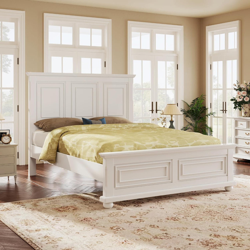 Queen Wood Platform Bed with Headboard and Footboard, Farmhouse Vintage Bed Frame with Tall Headboard, Wood Slats