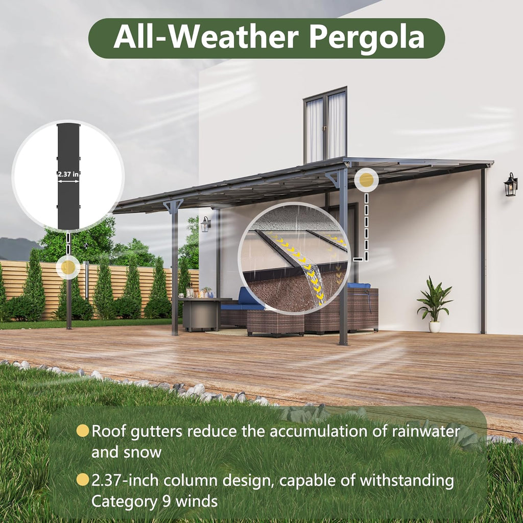 20x12FT Gazebo Lean to Gazebo Sloped Roof, Wall Mounted Heavy Duty Awnings, Galvanized Steel Frame&Hardtop Pergola