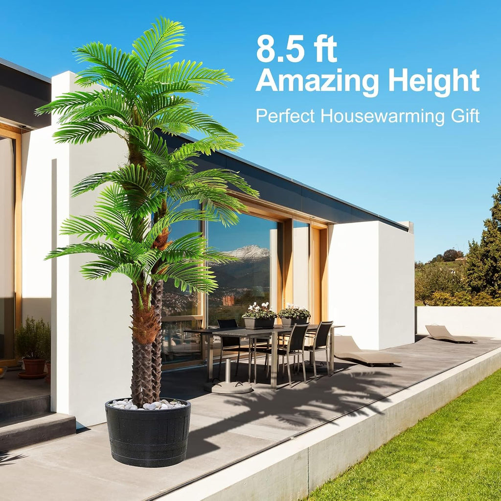 8.5ft Tall Artificial Palm Tree for Outdoors - Triple Phoenix Palm, UV Resistant, Large Fake Silk Palm Tree - Perfect