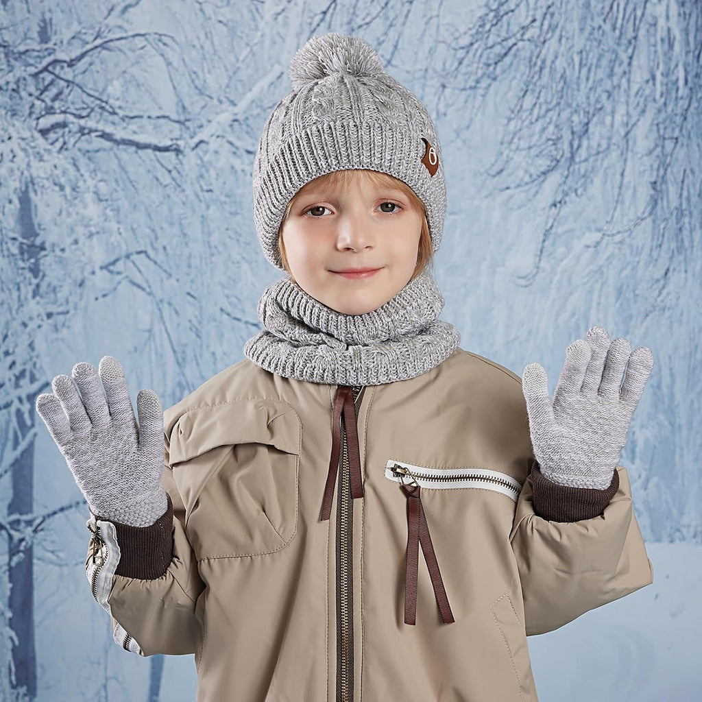 Kids Winter Hat Gloves Scarf Set, Girls Boys Hats Beanie with Pom