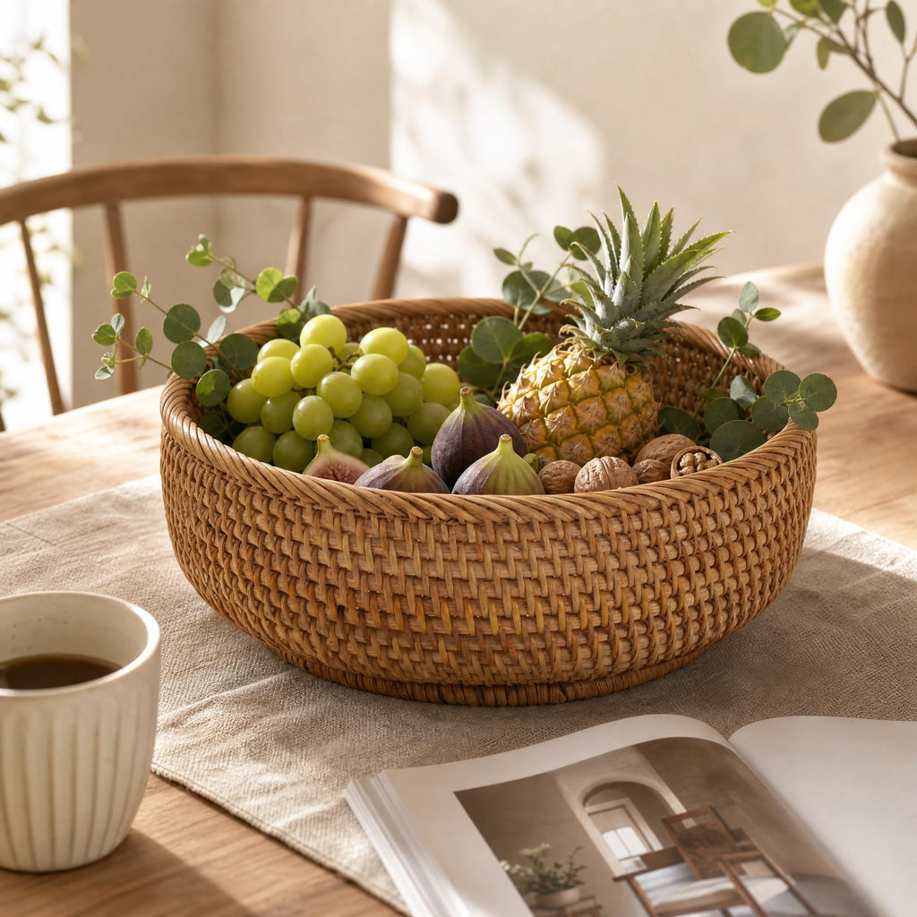10.6" Large Round Rattan Bread Fruit Basket - Wicker Storage Basket Serving Bowl, Decorative Tabletop Food Basket