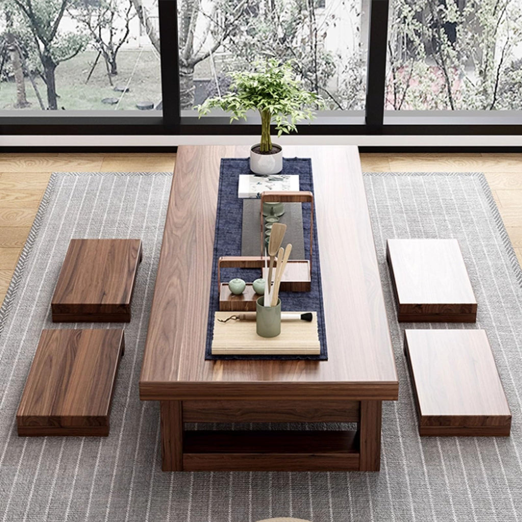 Japanese Floor Table, Low Japanese Dining Table for Floor Sitting with 4 Stools, Solid Wood Chabudai Tatami Coffee