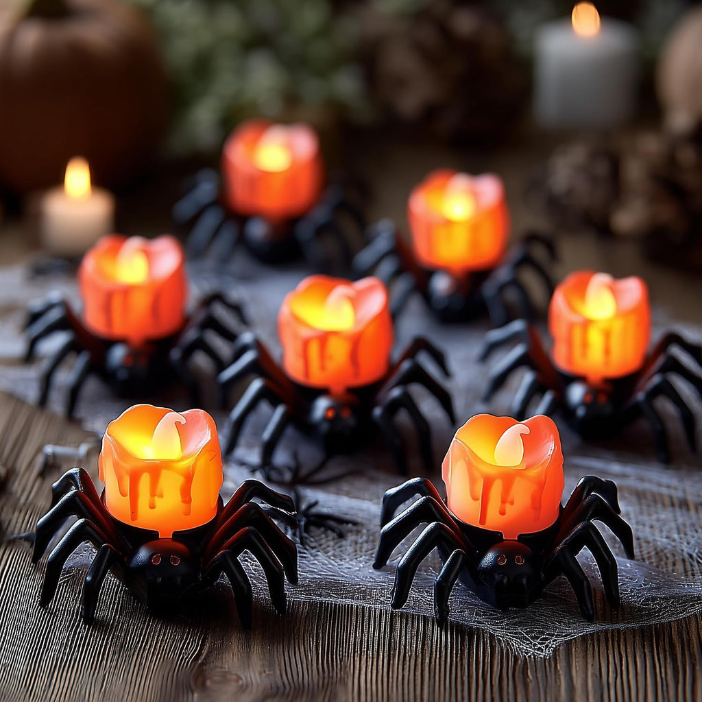 Halloween Spider Tea Lights Candles, Battery Operated LED Flameless Spider Candles Holder Lights, Spooky - Set of 12