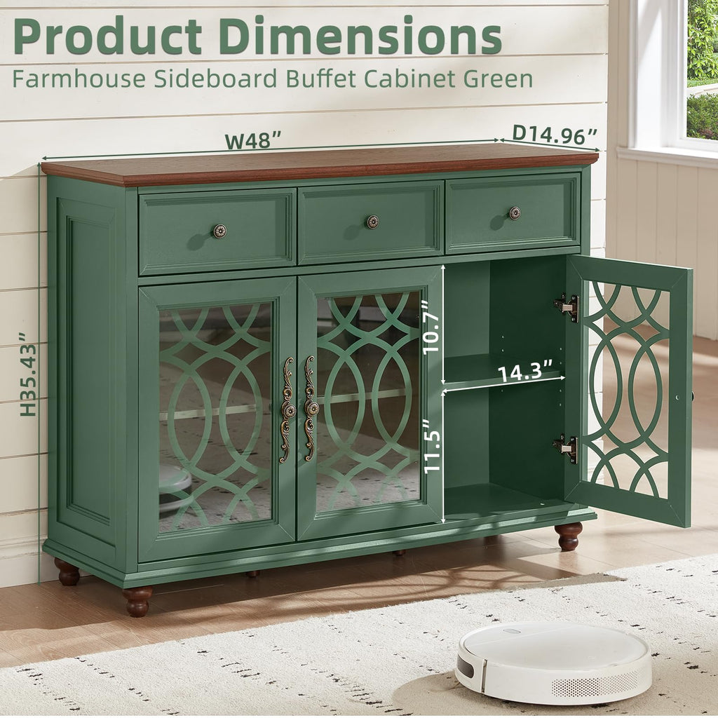 Large Sideboard Buffet Cabinet with Storage, 48" Credenza with 3 Glass Doors & 3 Drawers, Adjustable Shelves Coffee
