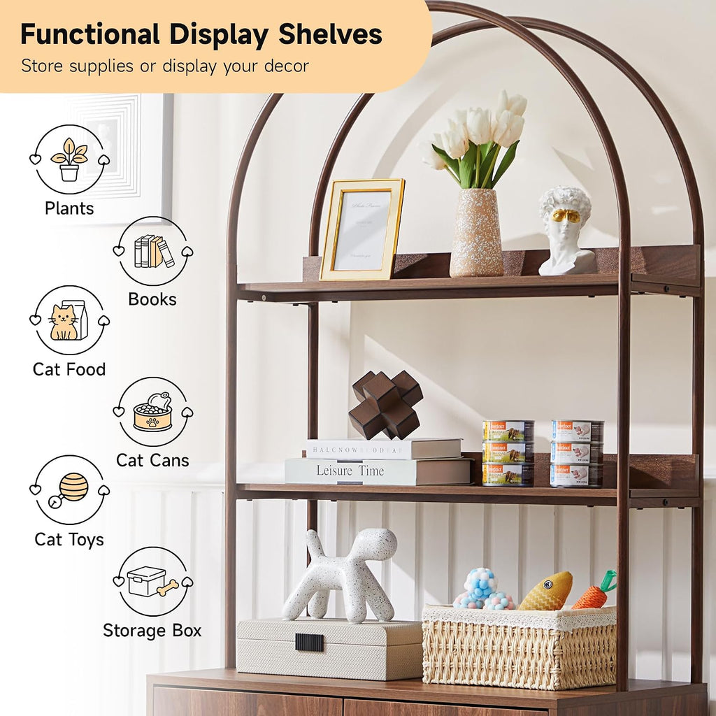 Arched Cat Litter Box Enclosure with 2-Tier Shelves, 63" Tall Hidden Litter Box Furniture with Reversible Entry, Wood