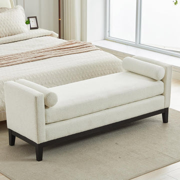 66.34" End of Bed King Size Bench Boucle with Black Legs, White. | Entryway Bench Ottoman Upholstered King Size Seat
