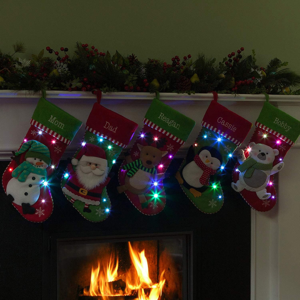 Reindeer with LED Lights and Name Embroidery | 3-D Character Stocking with Colorful Twinkling Lights | Green Cuff