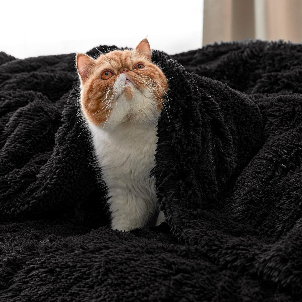 Faux Fur Fluffy Sherpa Fleece King Bed Blanket Black 108"x90" | Fuzzy Plush, Thick Warm, Fall, Comfort Cozy Soft Home