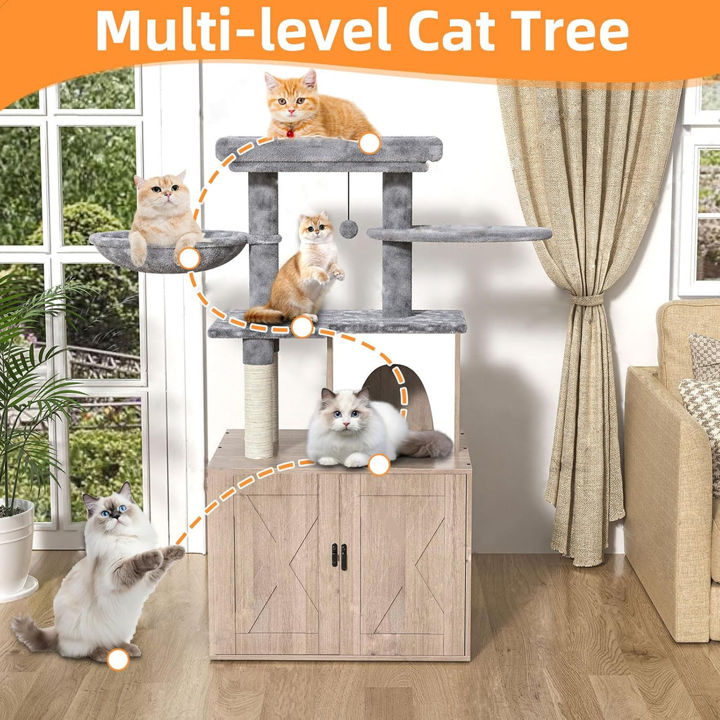 Litter Box Enclosure with Cat Tree, Cat Tree with Litter Box Enclosure, Hidden Pet Washroom Furniture with Sisal