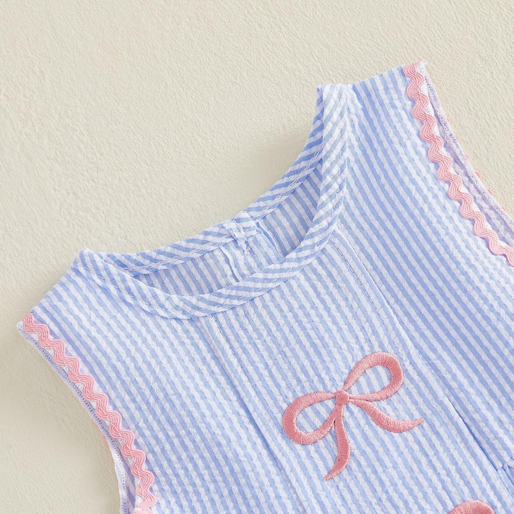 Baby Girl Summer Outfit Bow Embroidered Sleeveless Striped Tank Tops and Ruffle Bloomer Shorts Sets