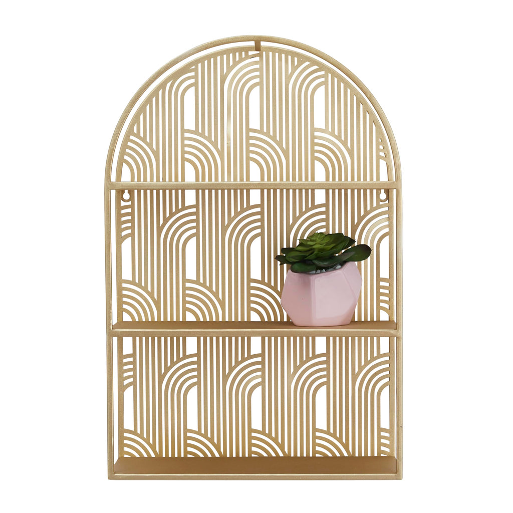 Metal Geometric Rounded 3 Level Wall Shelf with Arch Pattern, 16" x 6" x 24", Gold