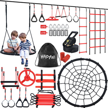 50 ft Ninja Warrior Obstacle Course for Kids with Spider Tree Swing