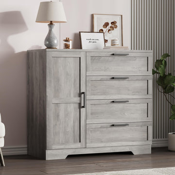 43.3'' H Armoire Wardrobe Closet with 4 Drawers and Hanging Rod, Multifunctional Wood 4 Drawers Dresser with Storage