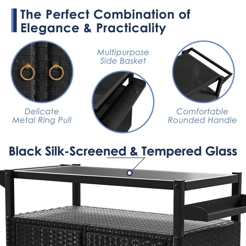 Outdoor Bar Table, Wicker Bar Cart with Cabinet, Patio Serving Cart with Tempered Glass Top, Lockable Wheels, Rounded