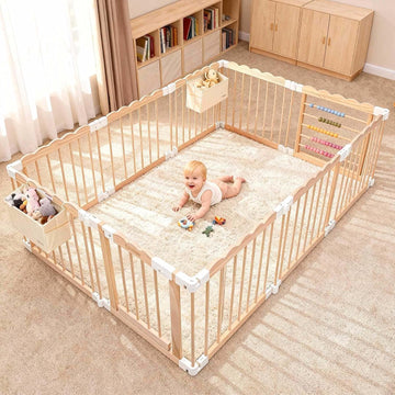 Foldable Wooden Baby Playpen, Adjustable Safety Playpen, 86x57x25in | Adjustable Shape & Size with 2-Pack Storage