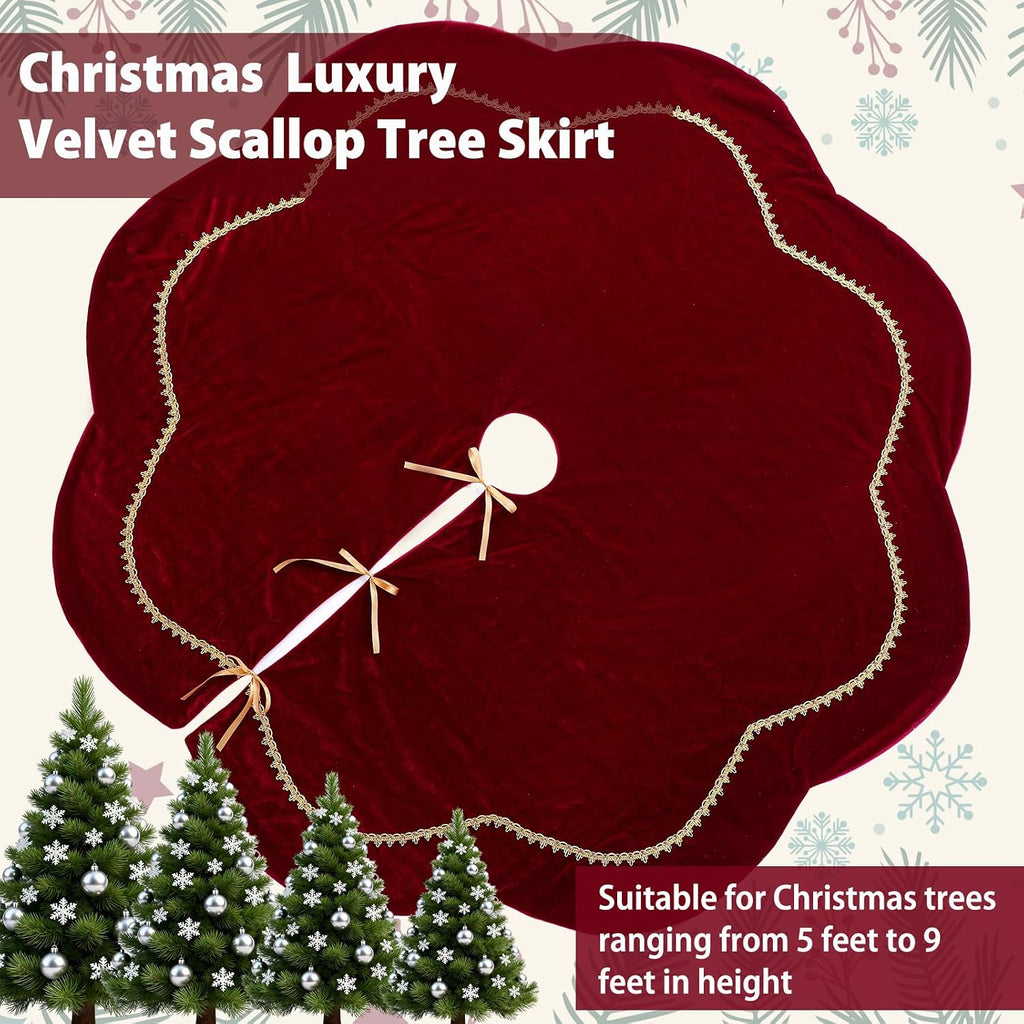 Christmas Tree Skirt 60 Inch Red Velvet Fur Scallop Tree Skirt Sparking Gold Lace Trim for Party Rustic Xmas Holiday