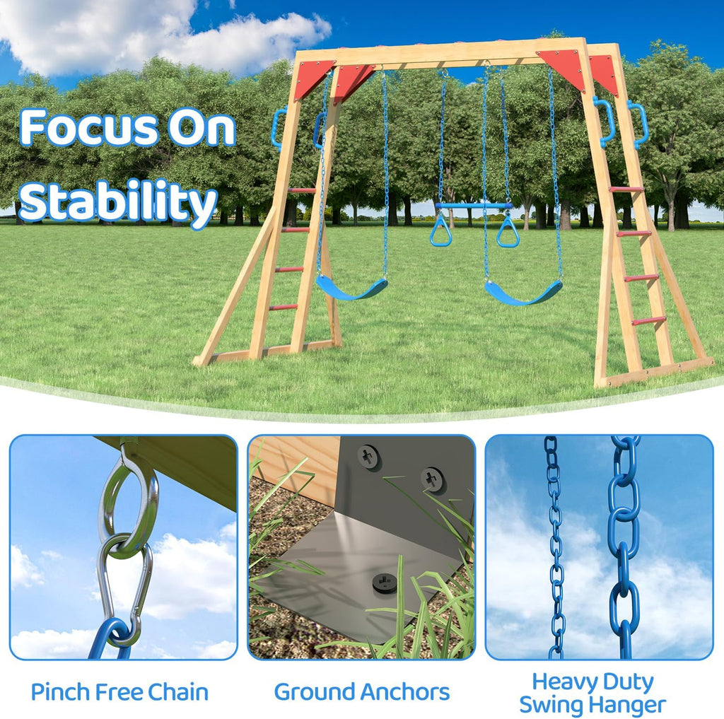 Wooden Swing Sets for Backyard with Monkey Bar, Outdoor Playset for Kids with Trapeze Swing Bar and 2 Belt Swings