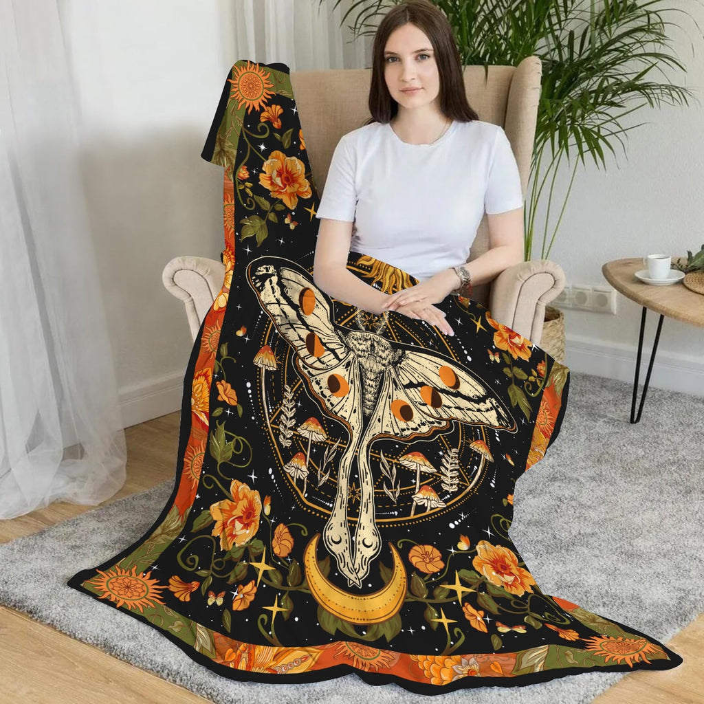 Orange Moth Throw Blanket, Retro Boho Flower Butterfly Sun Moon Star Aesthetic Cozy Decor Nap Blankets Gift Sofa Bed