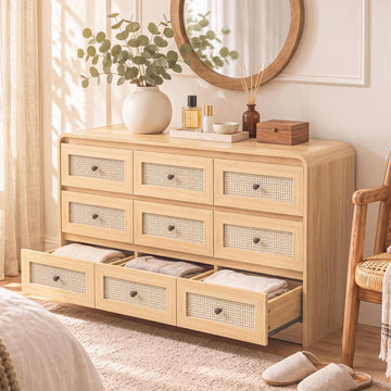 Rattan 9 Drawer Dresser, 55" Boho Chest of Drawers with Curved Profile Design, Wooden Dresser with Storage, Natural